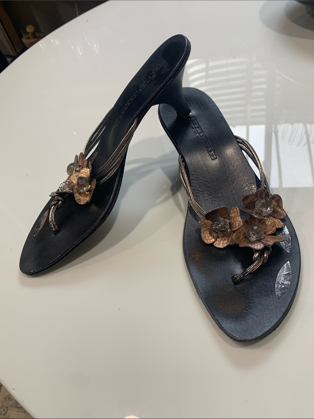 Andrew Stevens Black Heeled Mules with Metallic Floral Appliques